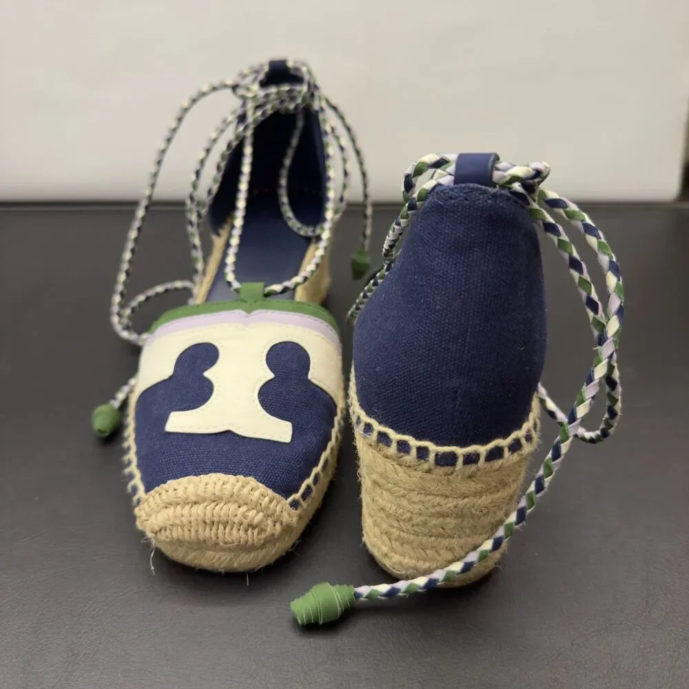 Tory Burch Laguna Espadrille Wedge Shoes Navy Blue Green Lace Up 8.5 NEW
